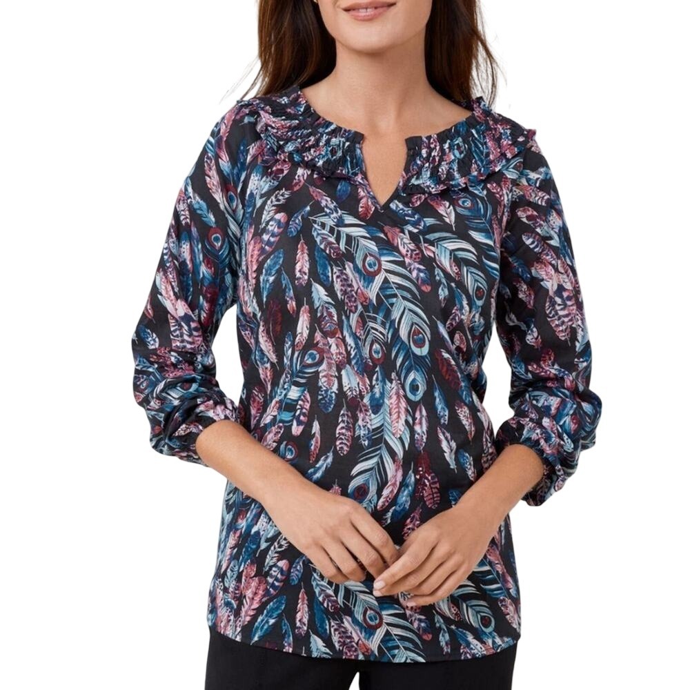 Talbots Plus 2X Falling Feathers Print Cotton Ruffle Neck Blouse Blue Pink New